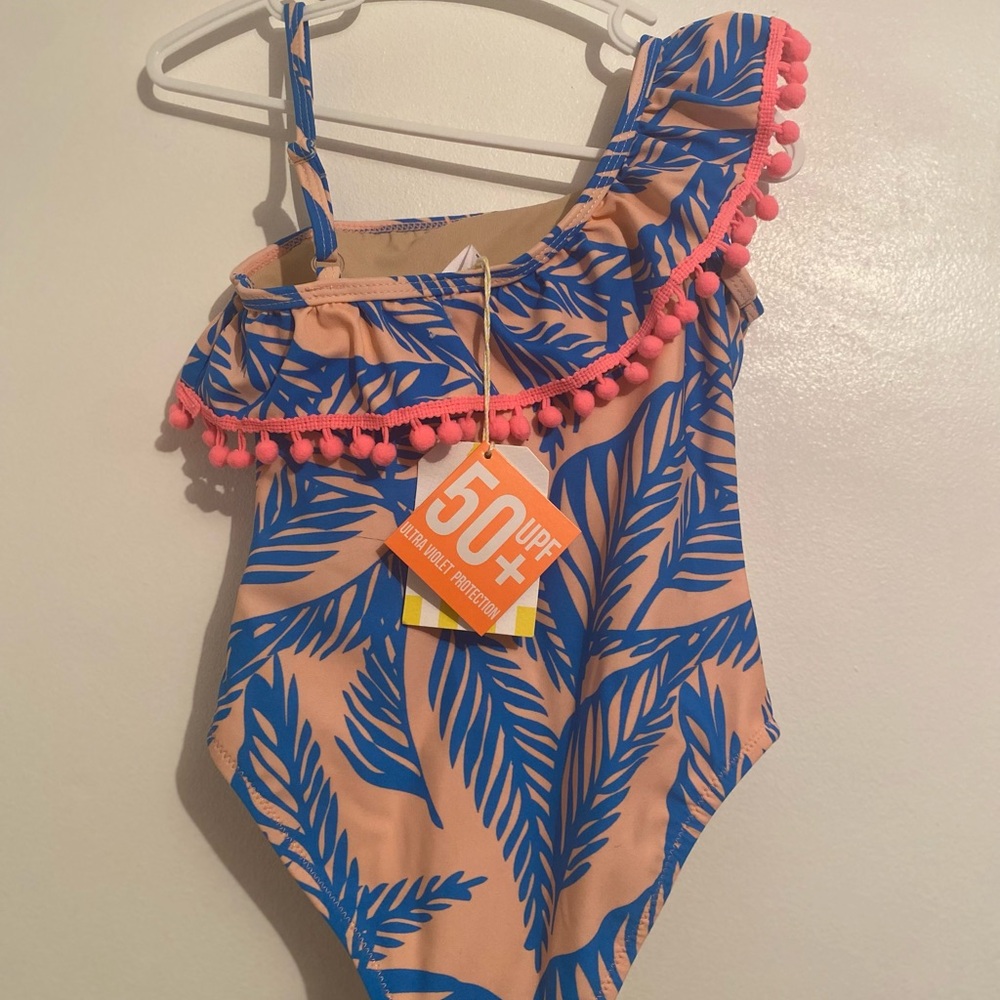 BNWT Shade Critters Girls Size 3T One Piece Sea Grass Blue/Pink Pom Pom Swimsuit